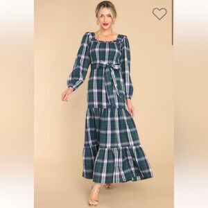 Aura Sweet Sentiments Forest Green Plaid Maxi Dress Tie Smocked M NWOT
